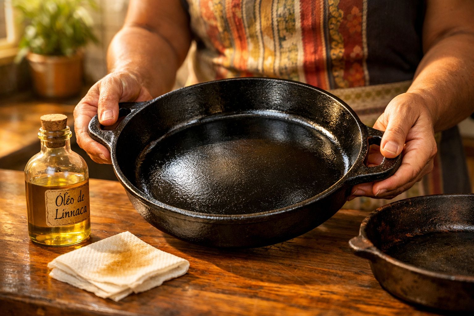 Pessoa segurando frigideira de ferro fundido ao lado de óleo de linhaça e pano de limpeza sobre mesa de madeira.