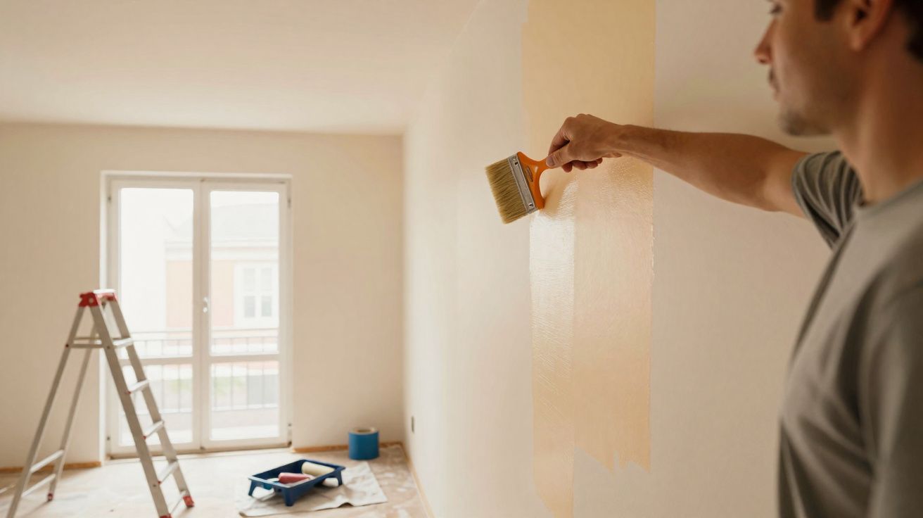 Pessoa pintando parede bege clara, com escada e materiais de pintura ao fundo em sala iluminada.