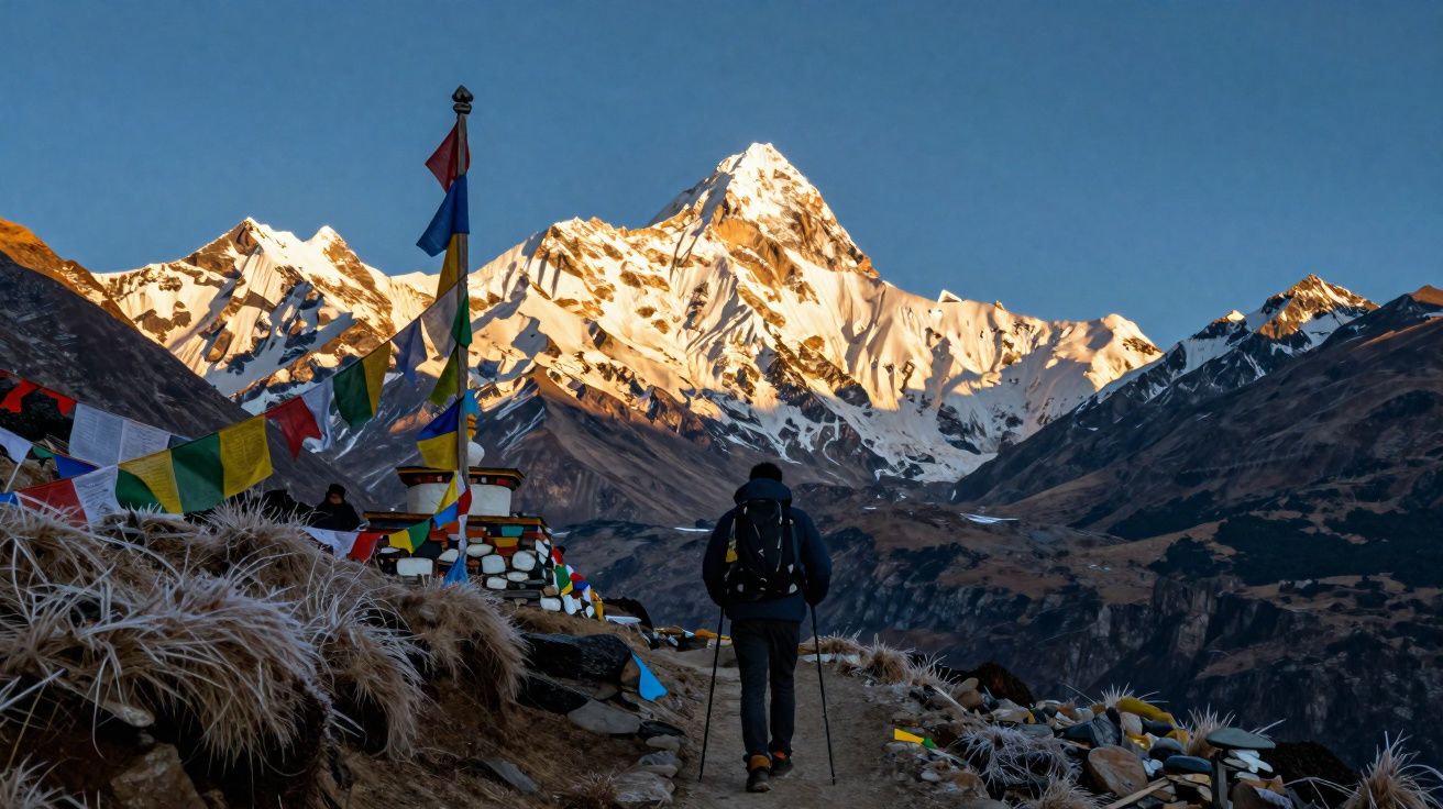 Caminhante com mochila sobe trilha perto de montanhas nevadas ao amanhecer com bandeiras coloridas ao lado.