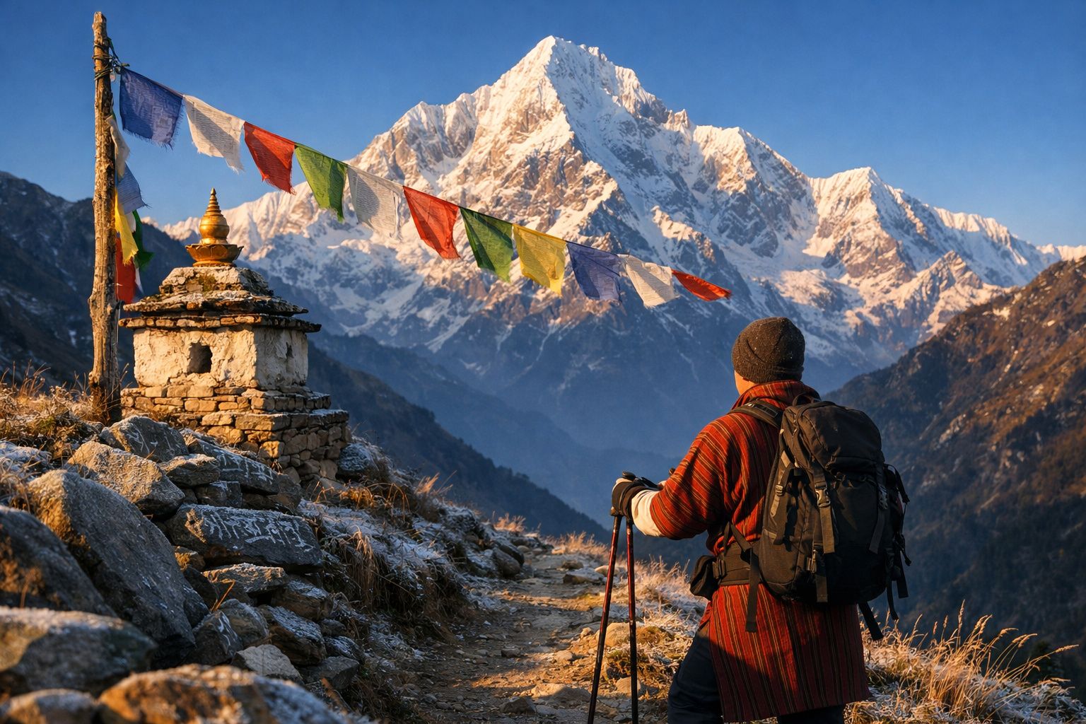 Caminhante observa montanha nevada com bandeiras tibetanas e chorten em trilha rochosa ao amanhecer.