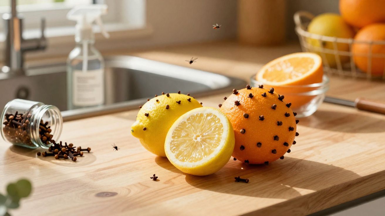 Limão e laranja com cravos espetados, moscas ao redor, frascos e frutas sobre bancada de madeira.