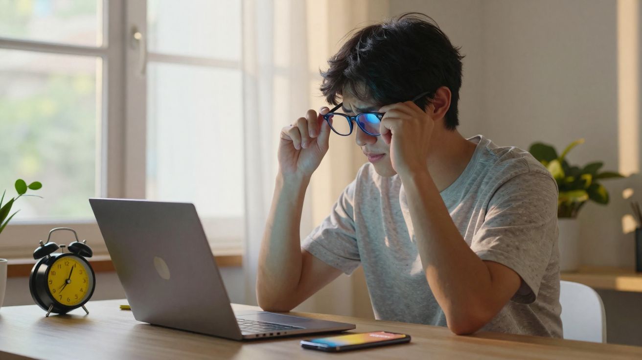 Jovem ajustando os óculos enquanto usa laptop em mesa com relógio e celular em ambiente iluminado.