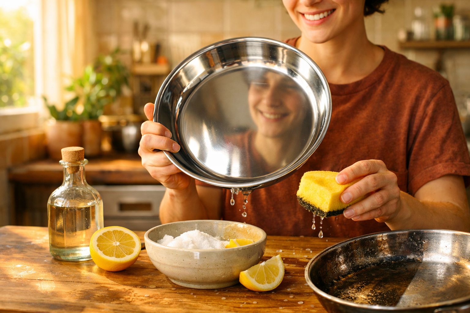 Pessoa escorrendo água de uma tigela de metal com uma esponja amarela na cozinha ensolarada.
