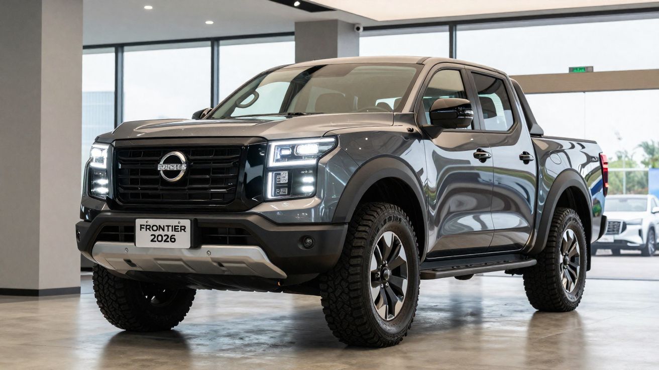 Picape Nissan Frontier 2026 cinza em apresentação interna com faróis acesos e design robusto.