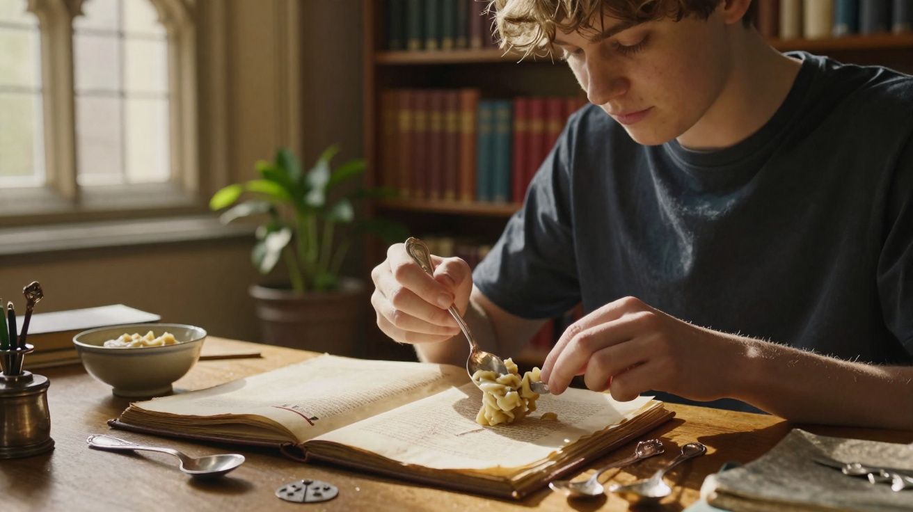 Jovem sentado à mesa em ambiente de biblioteca, colocando macarrão com colher sobre livro aberto.