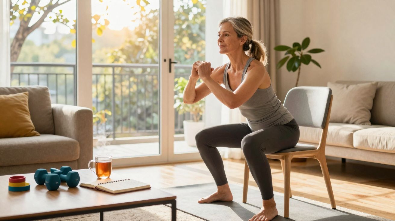 Mulher praticando alongamento sentada em cadeira na sala de estar iluminada pela manhã.