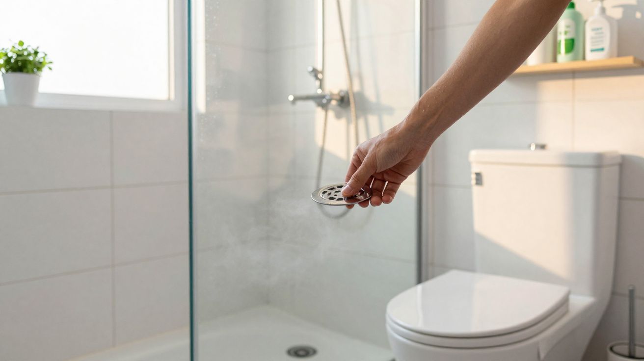 Mão segurando desodorizador de ralo sobre o ralo do chuveiro em banheiro moderno.