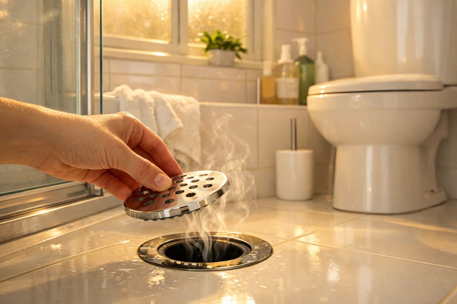 Mão removendo a tampa do ralo de banheiro com vapor saindo em ambiente iluminado e organizado.