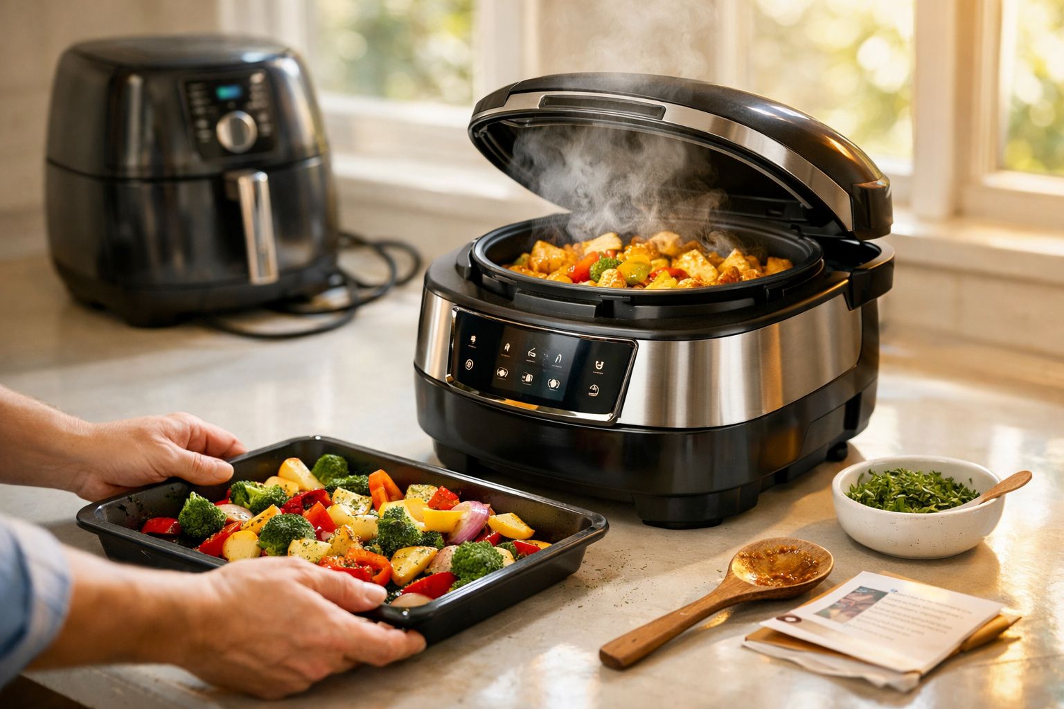 Pessoa preparando legumes em assadeira próxima a panela elétrica com comida quente soltando vapor na bancada da cozinha.