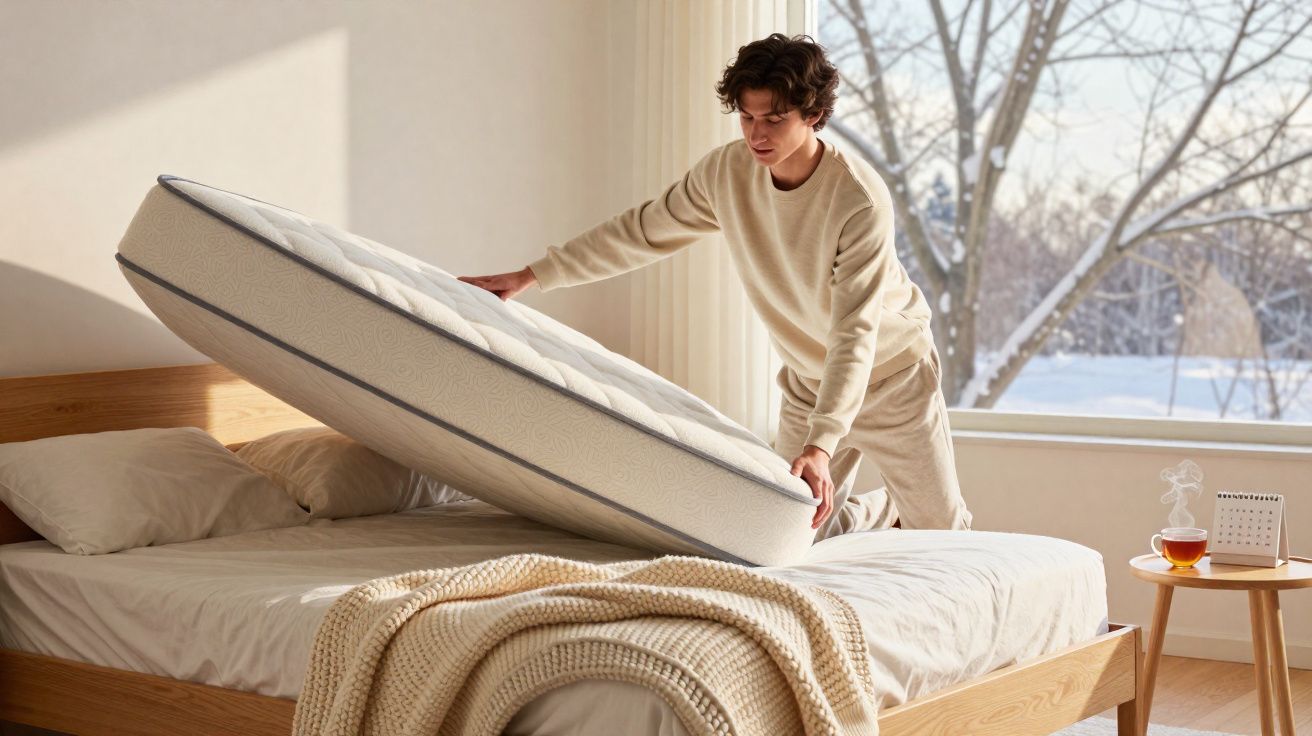 Pessoa tirando o colchão de cama de madeira em quarto iluminado com janela grande e xícara de chá na mesa.