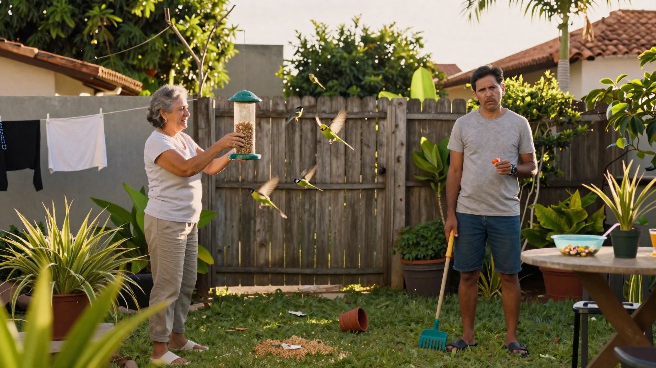 Mulher idosa alimenta pássaros com comedouro, homem ao lado segura pá e extintor no jardim.