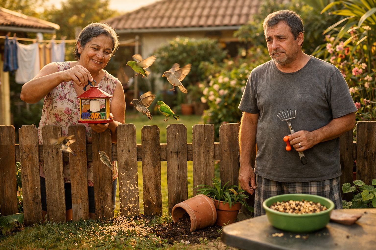 Casal idoso alimenta pássaros em quintal com cercado de madeira ao entardecer.