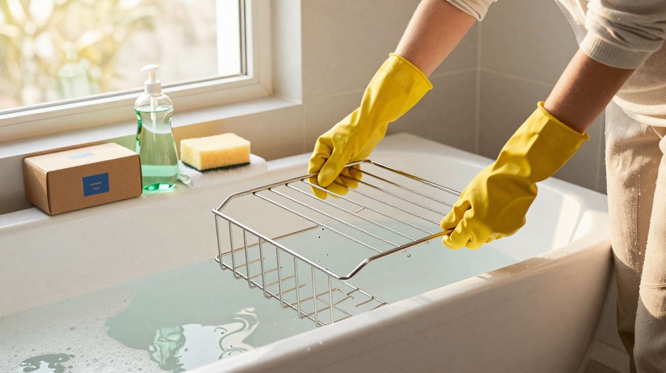 Pessoa com luvas amarelas segurando suporte de metal dentro de banheira cheia de água e espuma.