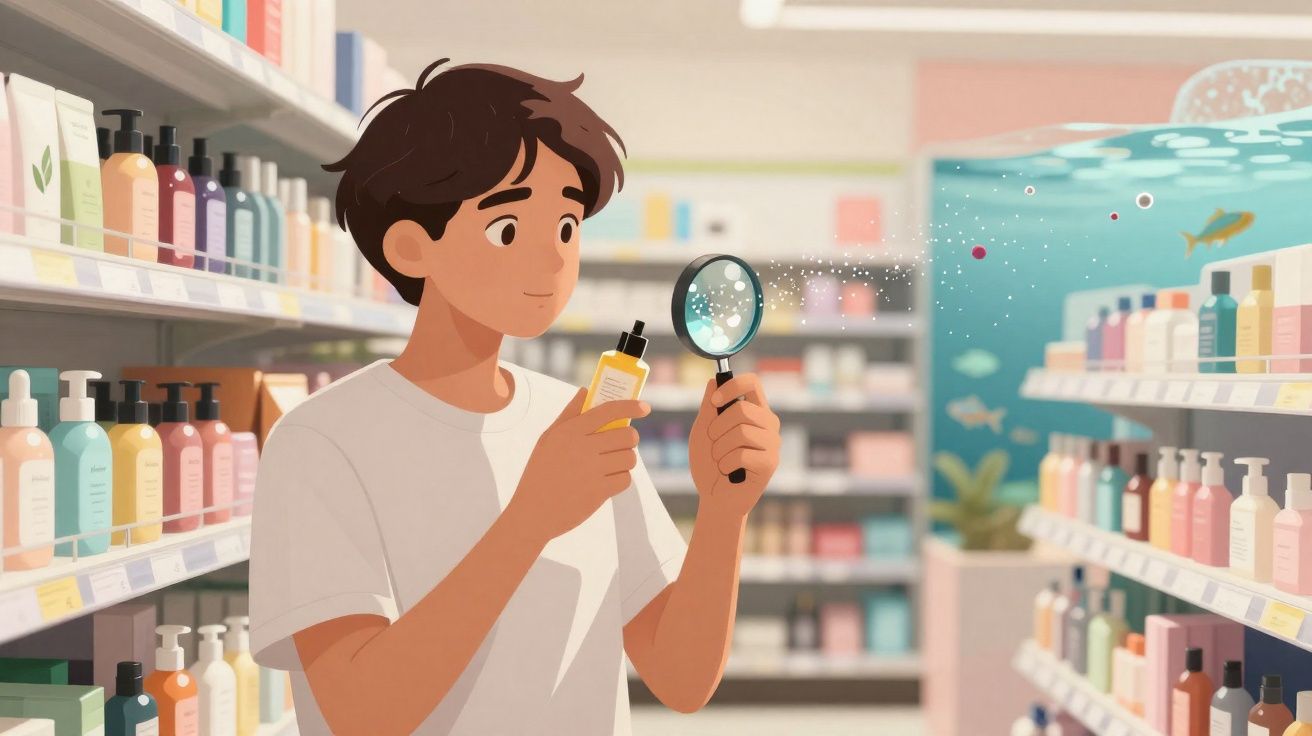 Jovem olhando embalagens de produtos em supermercado com lupa que destaca bolhas de ar.