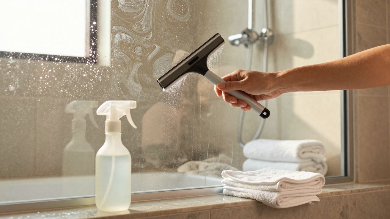 Mão limpando vidro de box de banheiro com rodo, borrifador e toalhas brancas ao lado.