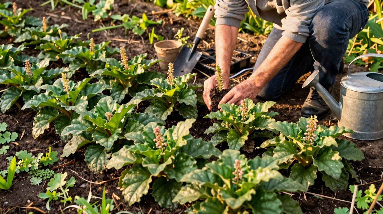 Pessoa plantando muda em jardim com folhas grandes e regador metálico ao lado.