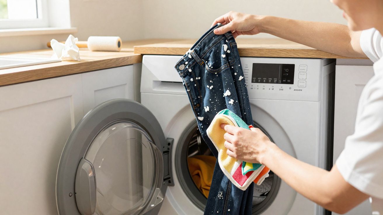 Pessoa tentando remover manchas brancas de tinta de calça jeans antes de lavar na máquina branca.