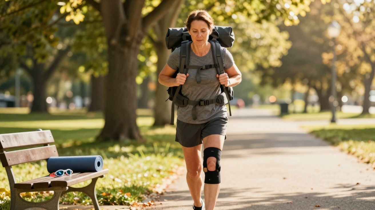 Mulher com mochila e joelheira caminhando em parque ensolarado próximo a banco com tapete de yoga.