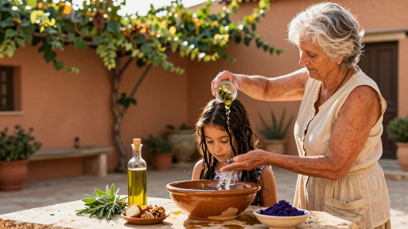 Mulher idosa aplica óleo no cabelo de menina em ambiente ao ar livre com plantas e tigela de água na mesa.
