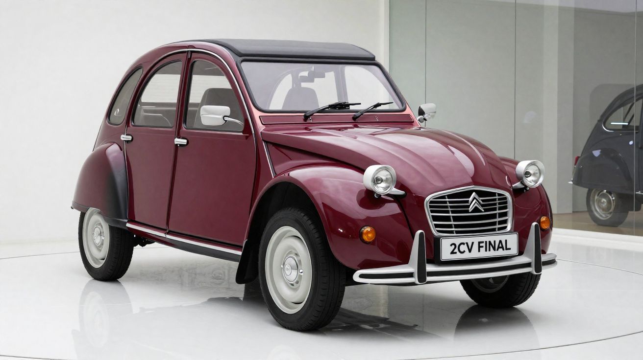 Carro clássico Citroën 2CV bordô em exposição, com para-choques cromados e placa escrita 2CV FINAL.