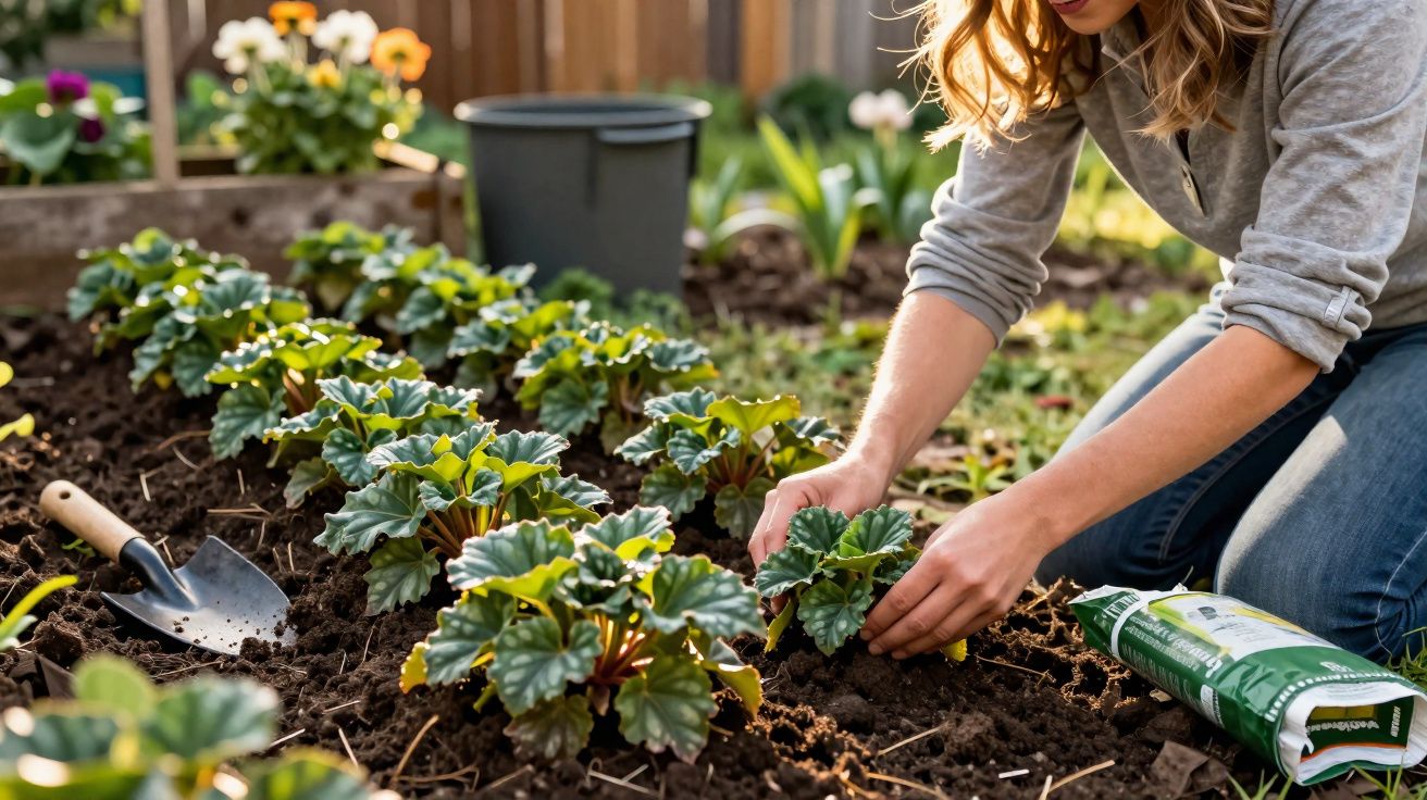 Pessoa plantando flores em canteiro de jardim com regador, pá e saco de fertilizante ao lado.