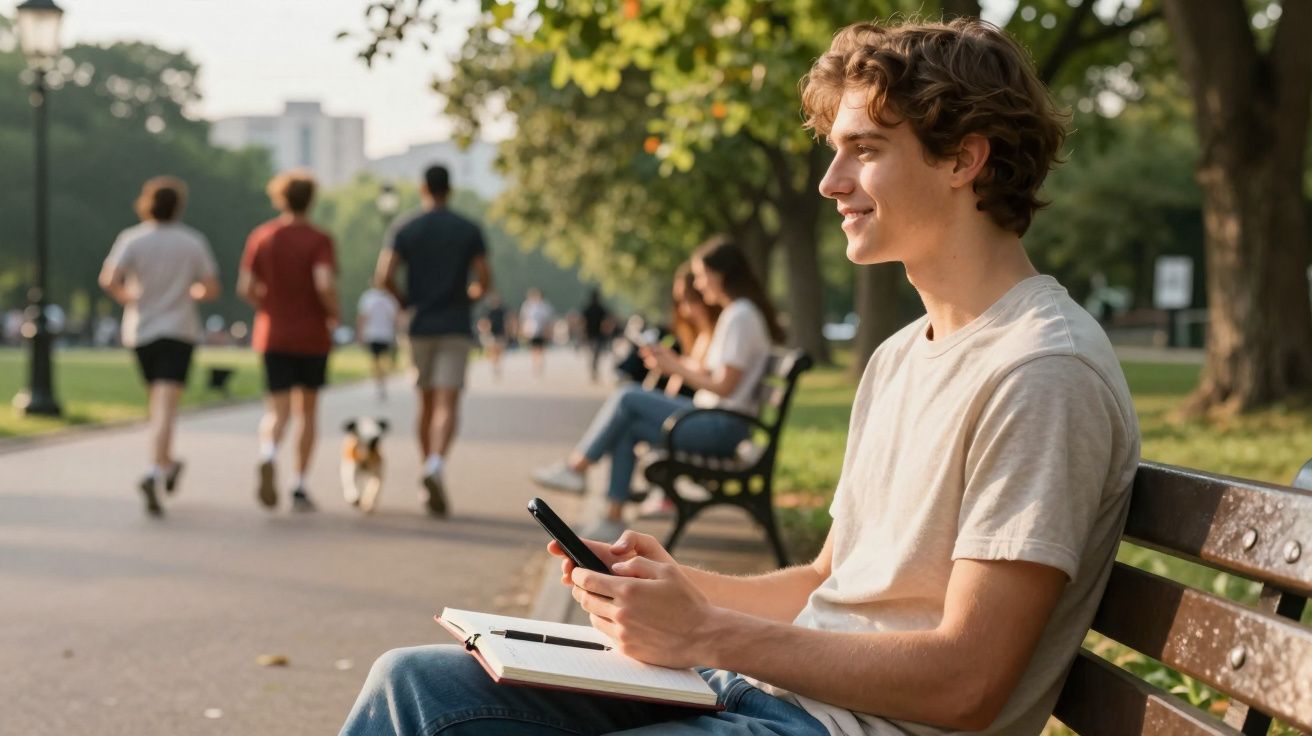 Jovem sentado em banco no parque usando celular com caderno aberto no colo em dia ensolarado.