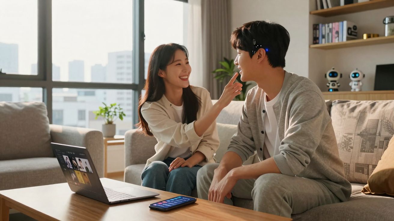 Casal sorridente sentado no sofá em sala iluminada, com laptop e celular sobre a mesa de centro.