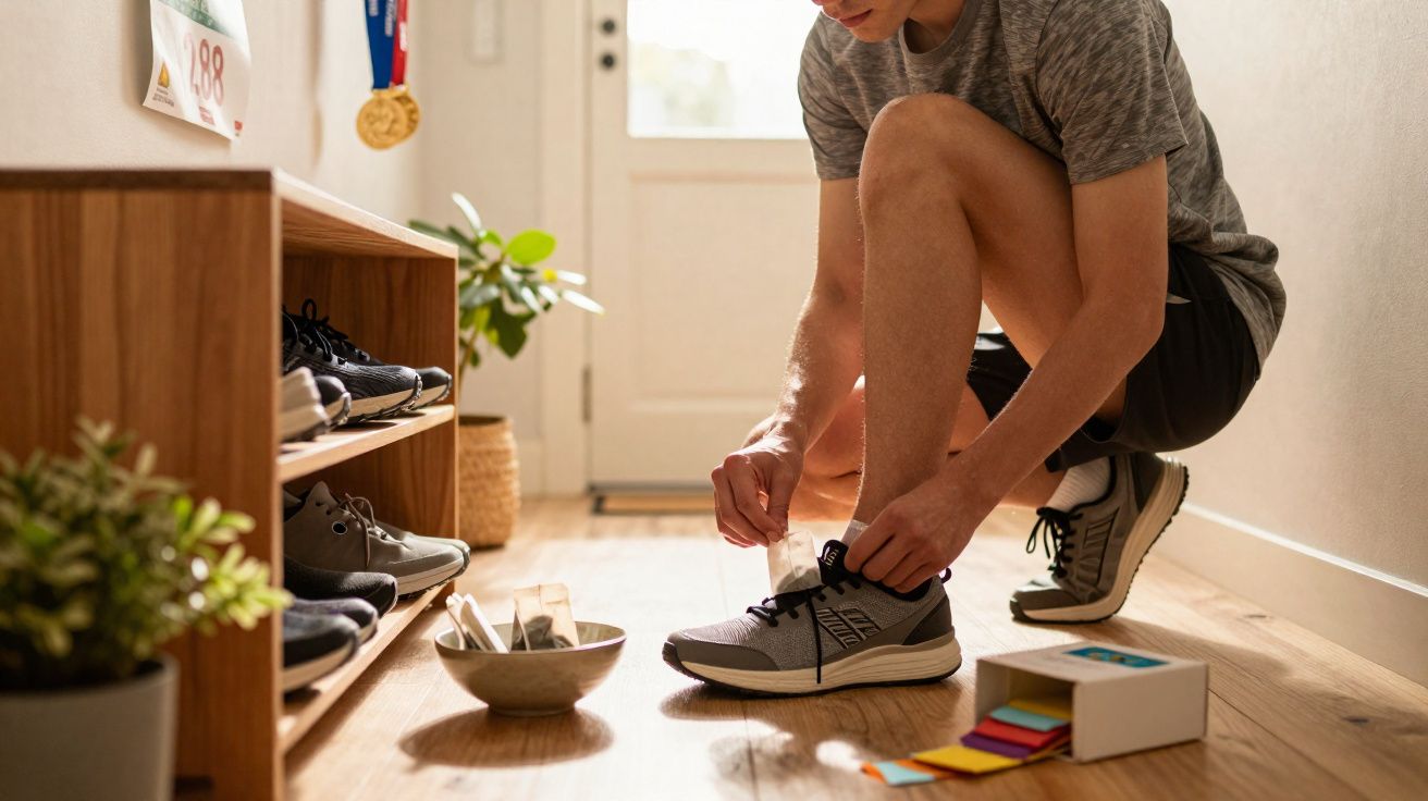 Pessoa amarrando tênis cinza em corredor de casa com decoração simples e medalhas na parede.