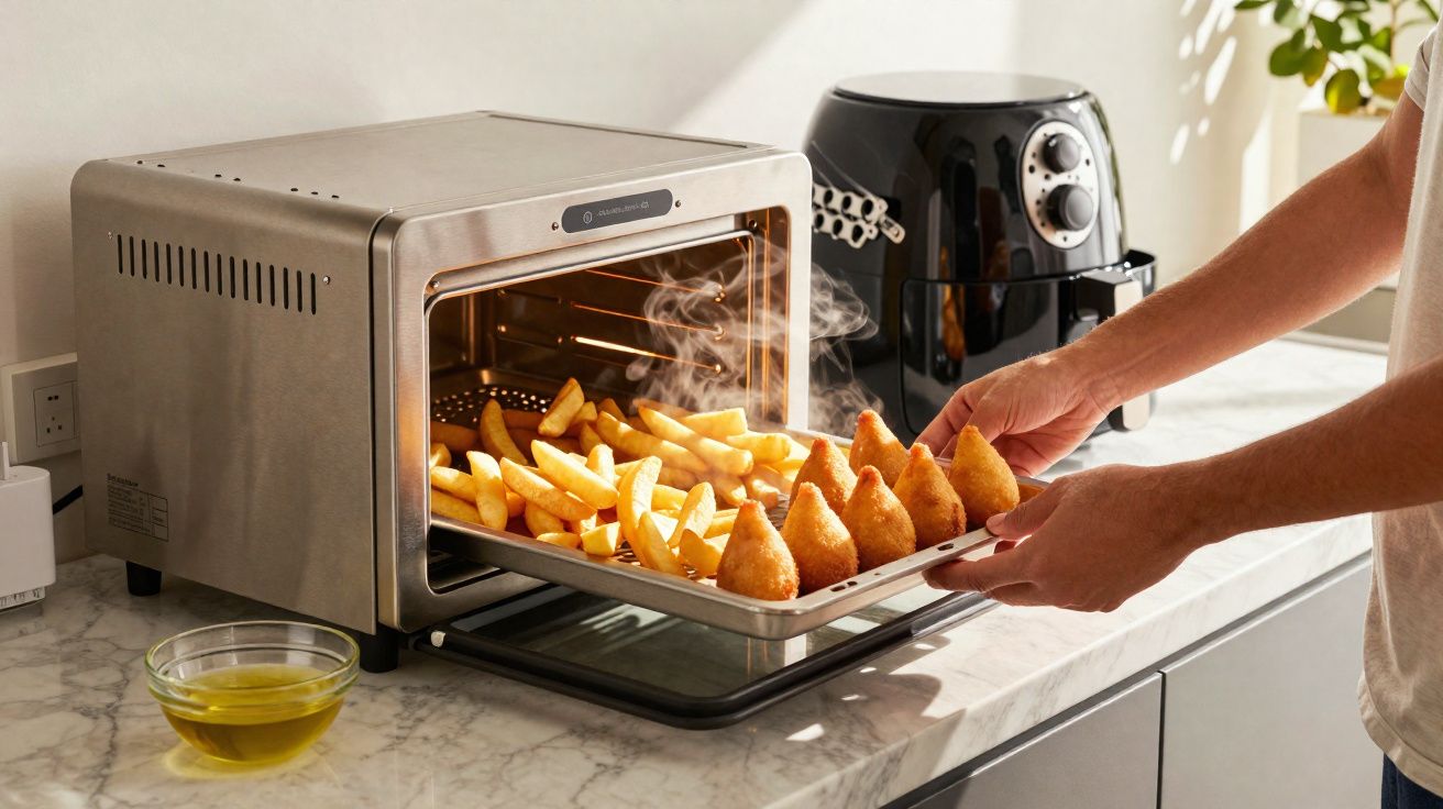 Mãos retirando assadeira com coxinhas e batatas fritas quentes de forno elétrico em bancada de cozinha.