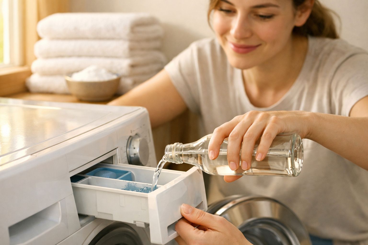 Mulher sorrindo despejando líquido em compartimento de sabão de máquina de lavar roupas.