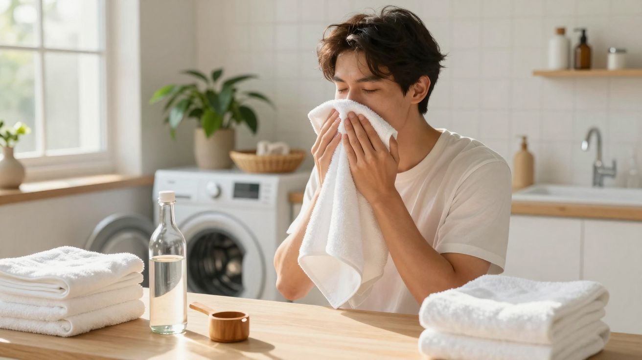 Jovem limpando o rosto com uma toalha branca na cozinha, com máquina de lavar ao fundo.
