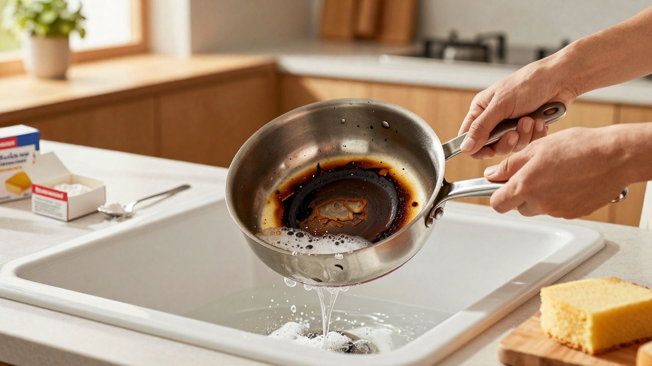 Pessoa esvaziando panela com queimado e água na pia da cozinha, com esponja e bolo ao lado.