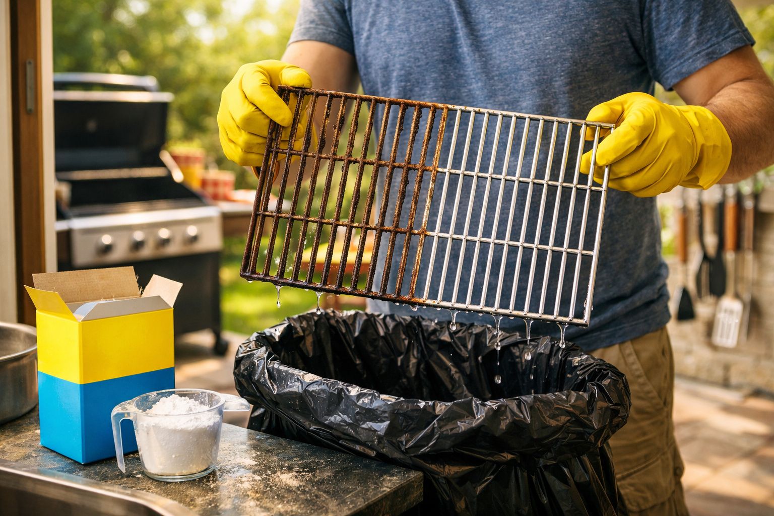 Pessoa usando luvas amarelas limpando uma grelha de churrasco ao ar livre.