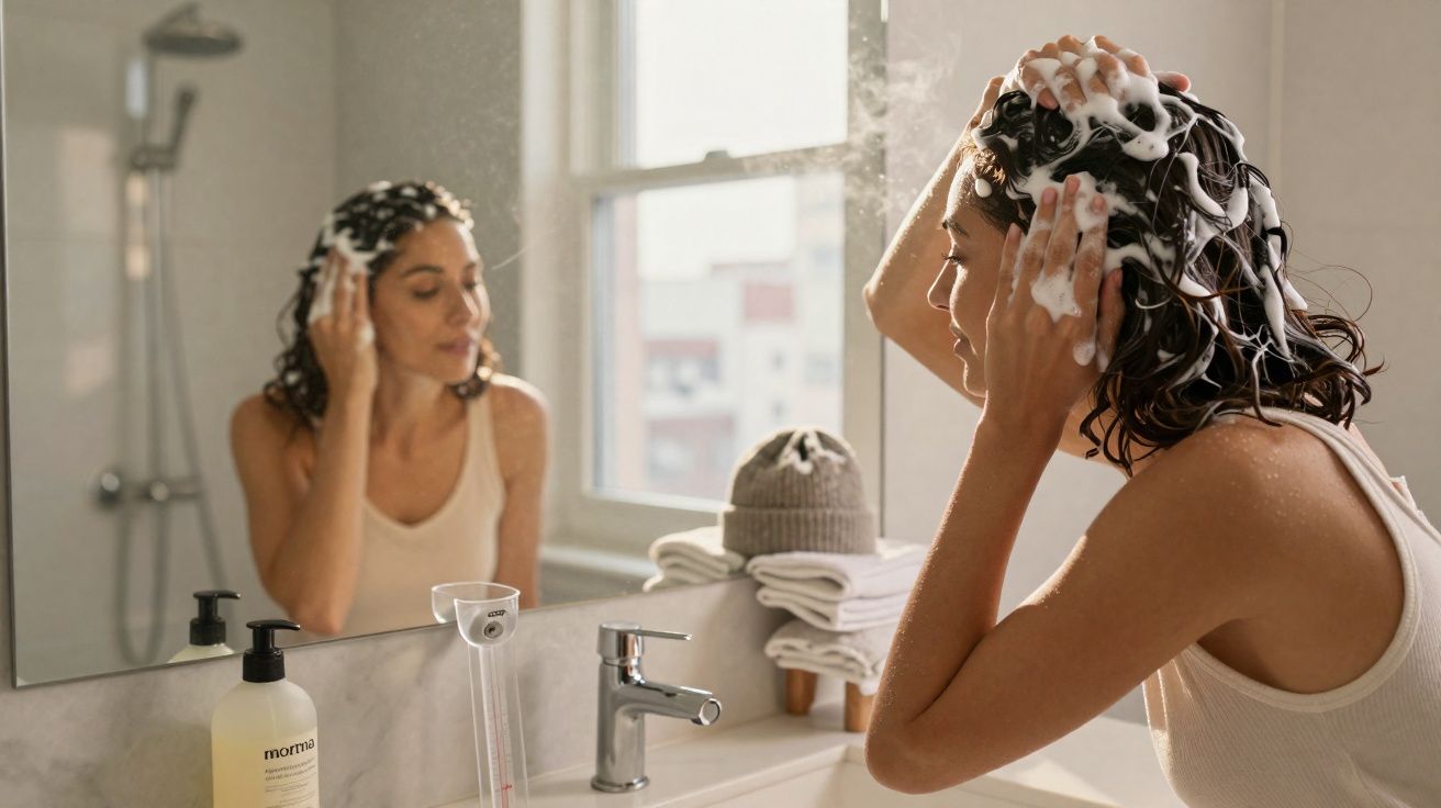 Mulher lavando o cabelo com shampoo espumando em frente ao espelho no banheiro.