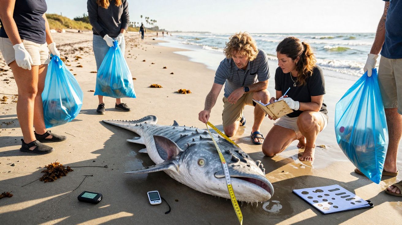 Voluntários medem peixe gigante e recolhem lixo em praia ensolarada, com equipamentos de pesquisa ao redor.