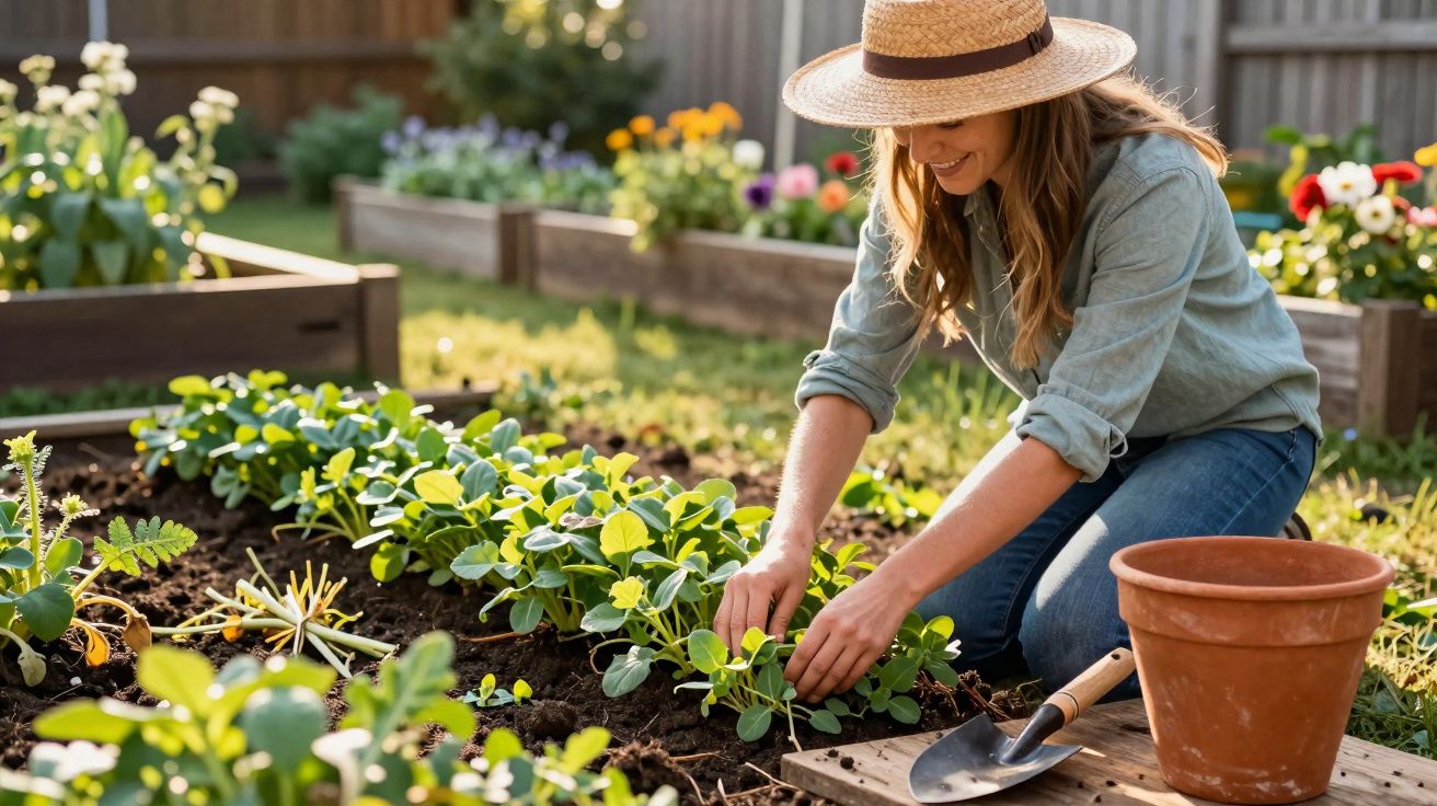 Mulher com chapéu cuidando de plantas jovens em canteiro de jardim ensolarado.