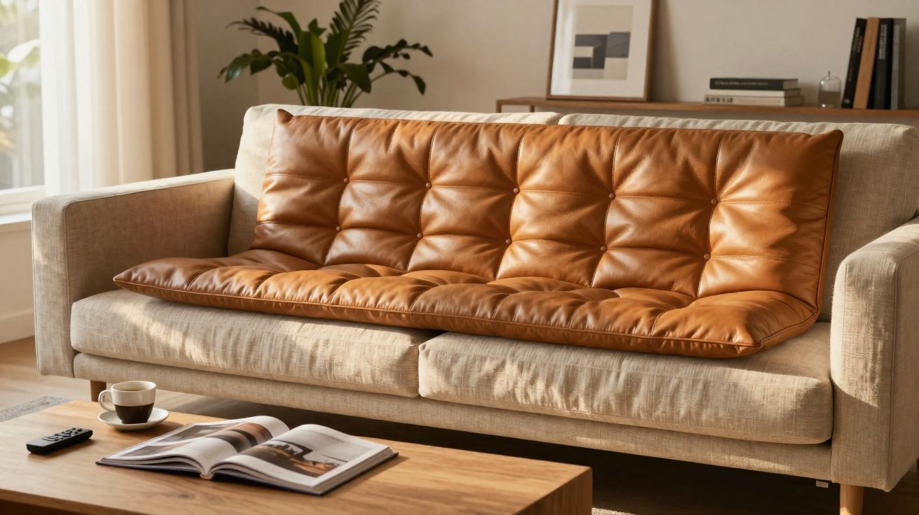 Sofá bege com assento acolchoado marrom em couro, ao lado de mesa de madeira com revista e xícara.