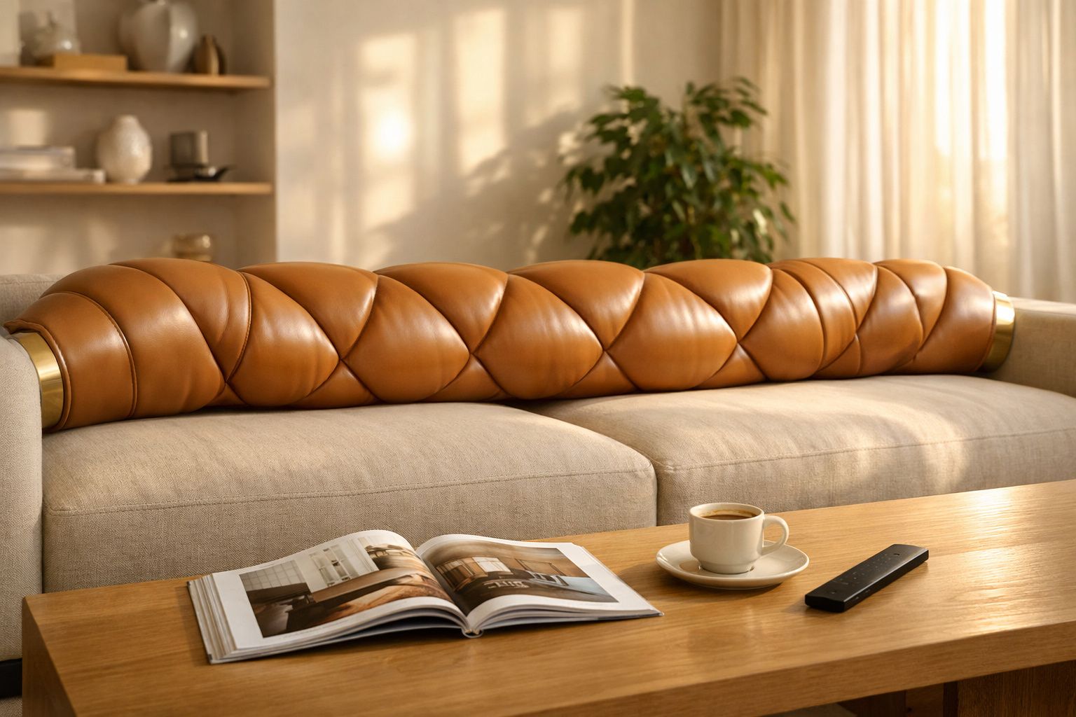 Sofá bege com encosto marrom articulado, mesa de madeira com livro aberto, xícara de café e controle remoto.