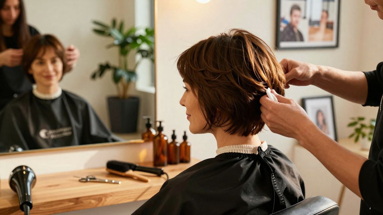 Mulher com cabelo curto sendo penteada por cabeleireiro em salão de beleza moderno.