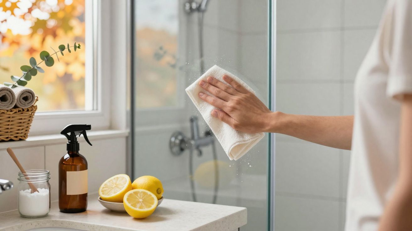Pessoa limpando vidro de banheiro com pano branco, ao lado limões, borrifador e bicarbonato.