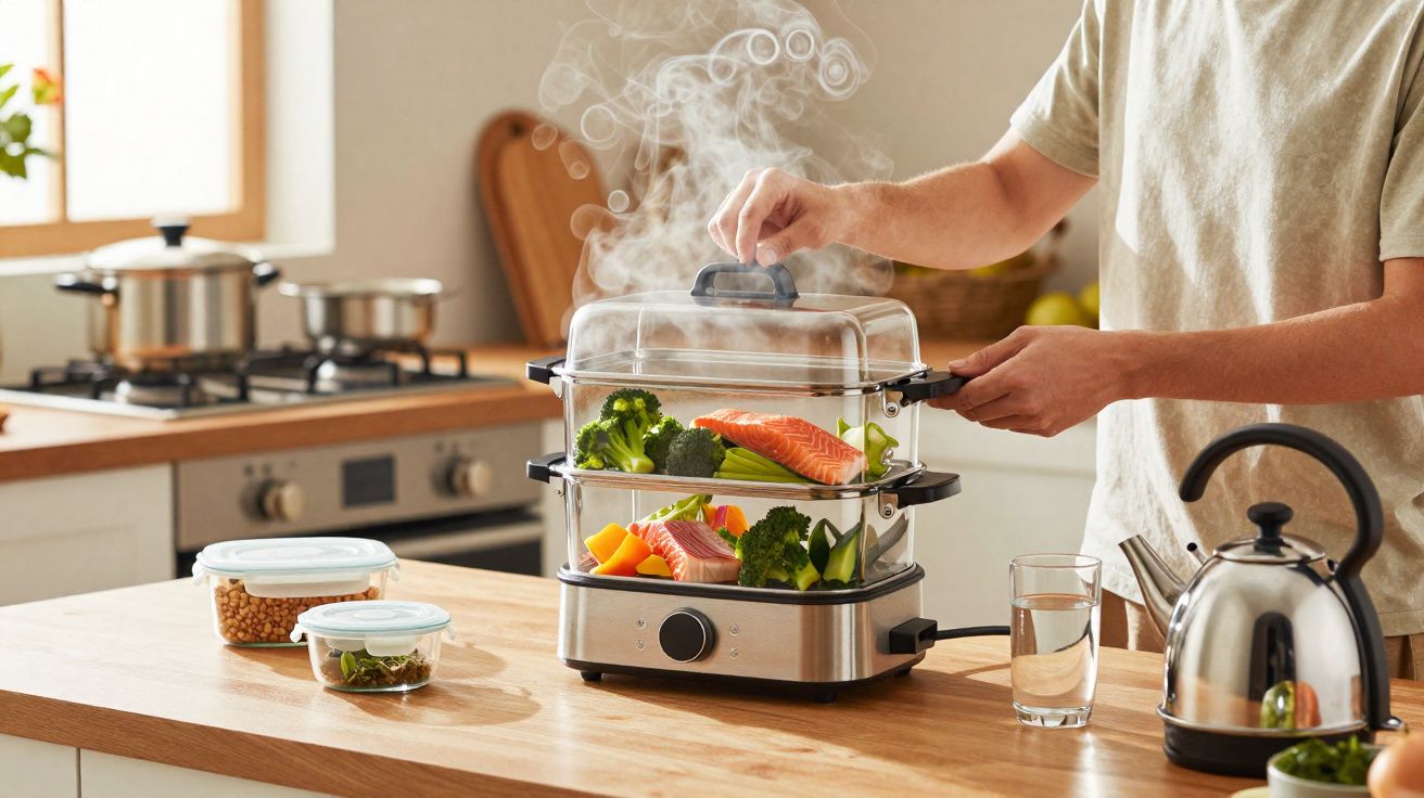 Pessoa cozinhando legumes e salmão no vapor em panela elétrica na cozinha moderna.