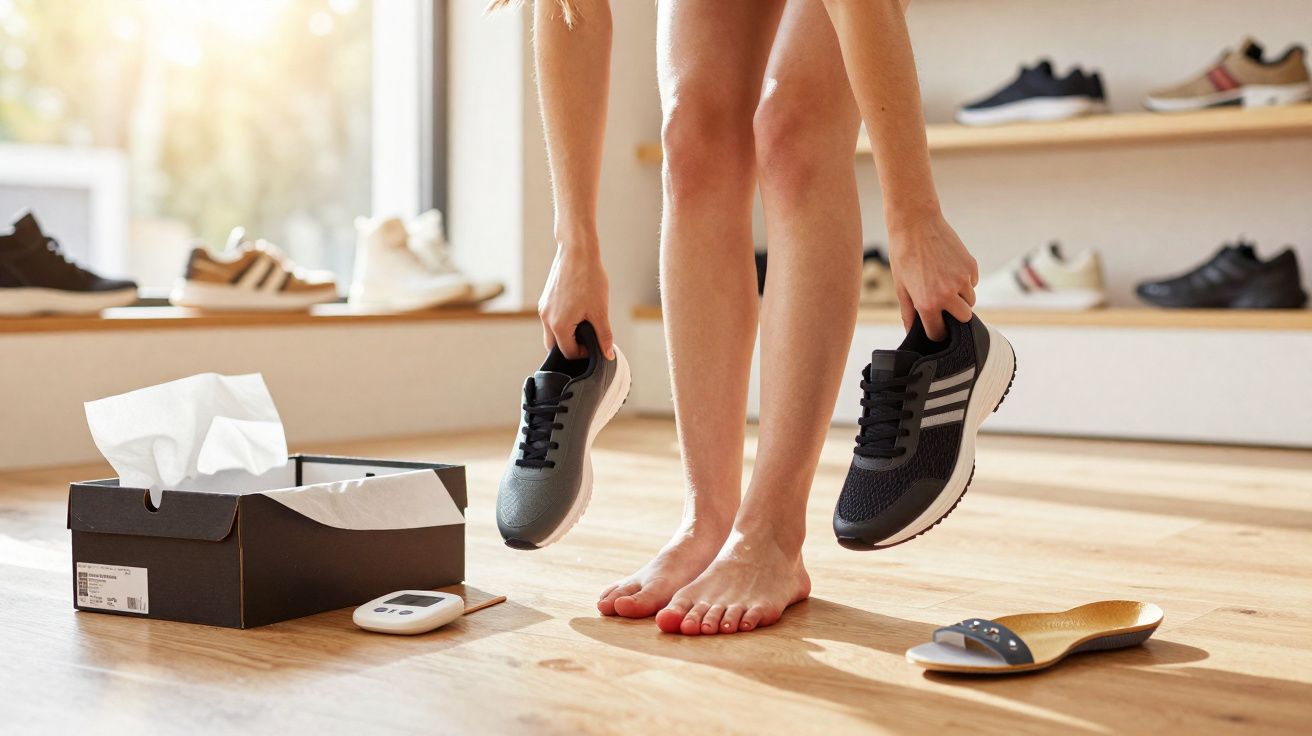 Pessoa descalça segurando dois tênis pretos em loja de calçados com palmilha e caixa no chão.