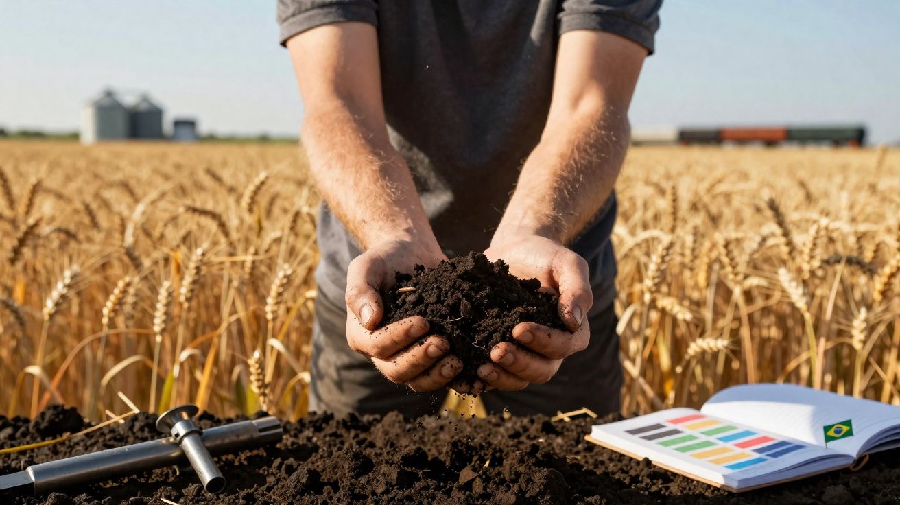 Pessoa segurando terra fértil com campo de trigo ao fundo, perto de ferramenta e caderno aberto.