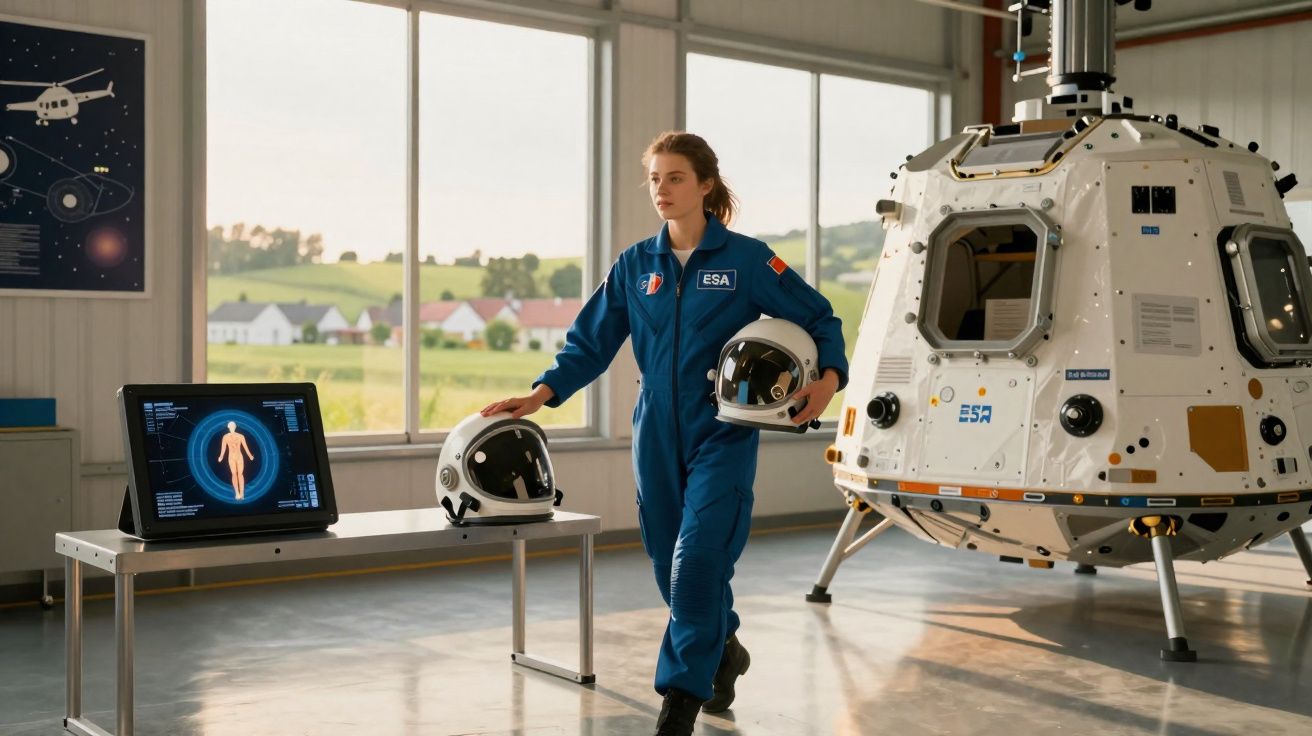 Astronauta feminina em macacão azul ao lado de módulo espacial em laboratório com capacetes e tela digital.