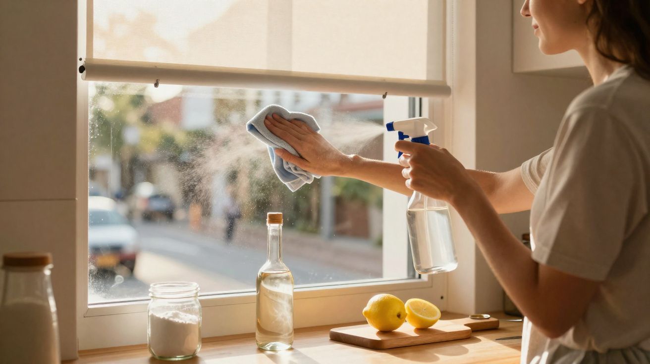 Pessoa limpando a janela com spray e pano em cozinha iluminada, com limões e potes na bancada.