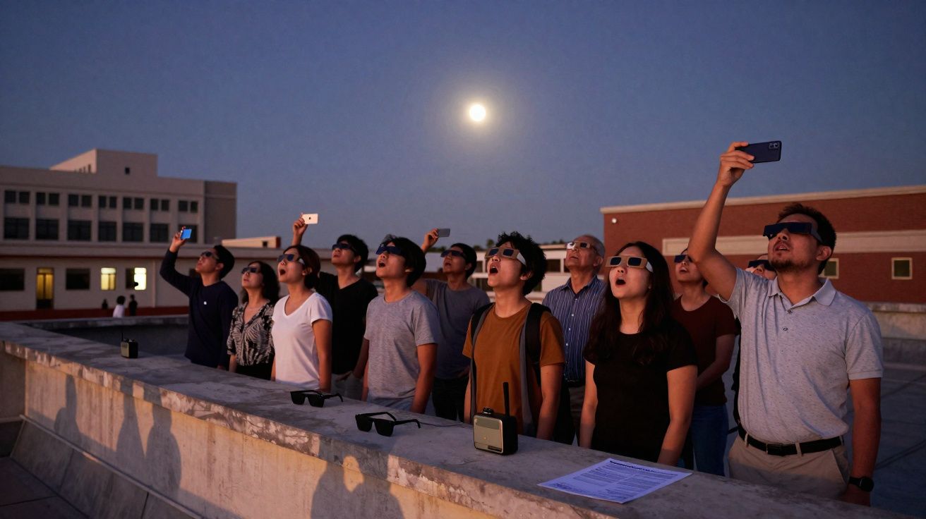 Grupo de pessoas usando óculos escuros observando um eclipse lunar à noite em um terraço.