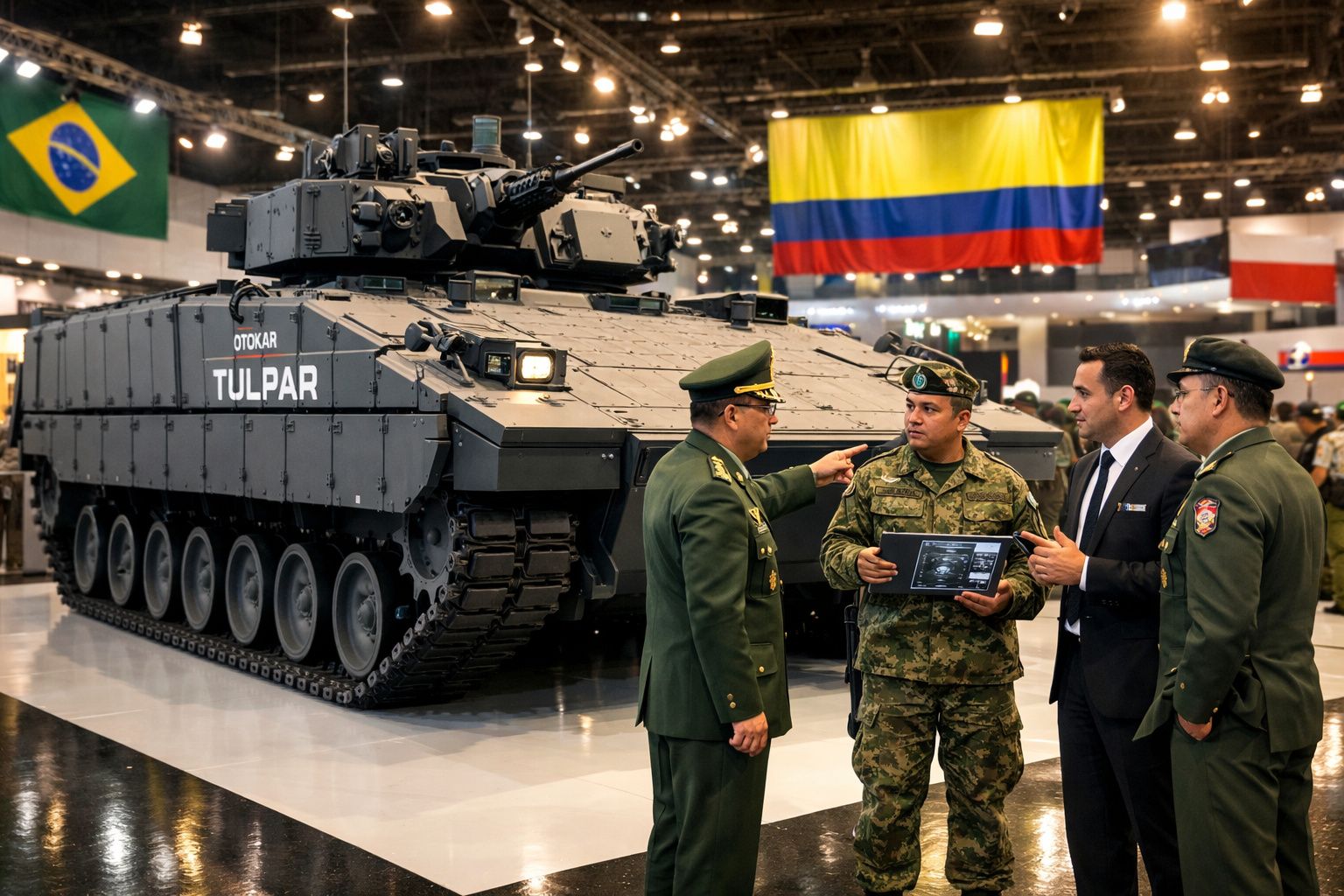 Tanque de guerra Otokar Tulpar com quatro militares e bandeiras do Brasil, Colômbia e Chile em exposição.