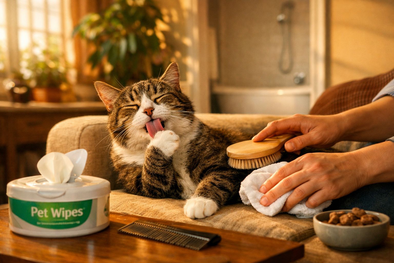 Gato sendo escovado e lambendo a pata, com potes de pet wipes e ração ao lado em ambiente aconchegante.
