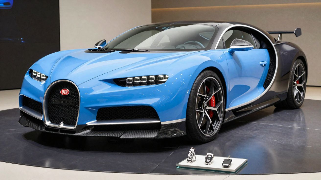 Carro esportivo Bugatti azul com detalhes em preto exibido em salão, com três controles na frente.