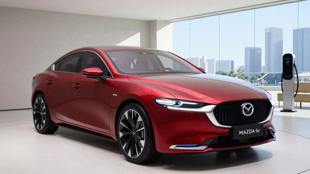 Carro elétrico Mazda 6e vermelho exibido em sala moderna com parede de vidro e estação de recarga ao fundo.